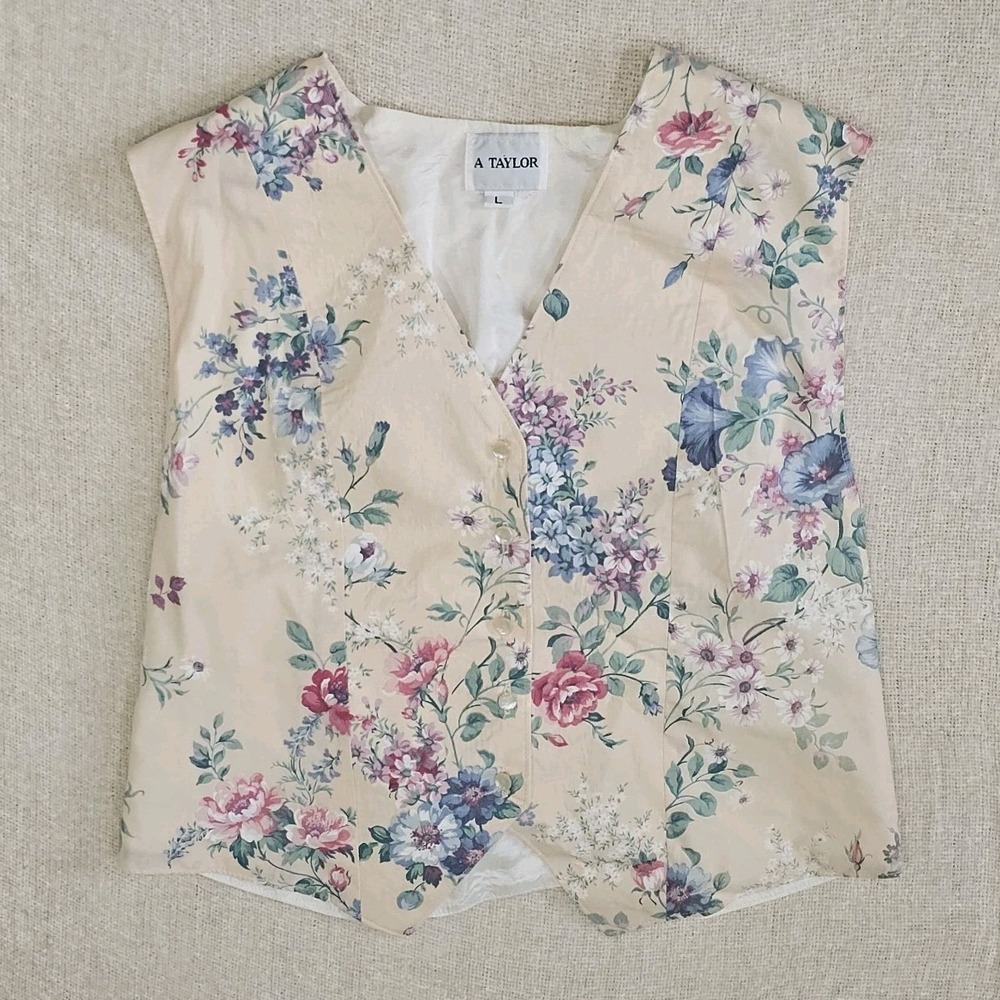 Vintage 90s Ann Taylor Floral Button Front Vest Women's Large Cropped Lined